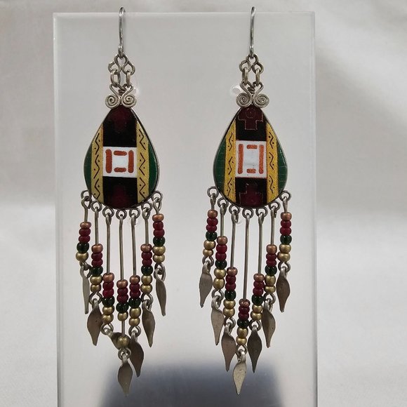 Southwestern Bead Dangle Earrings Silvertone - Picture 2 of 4
